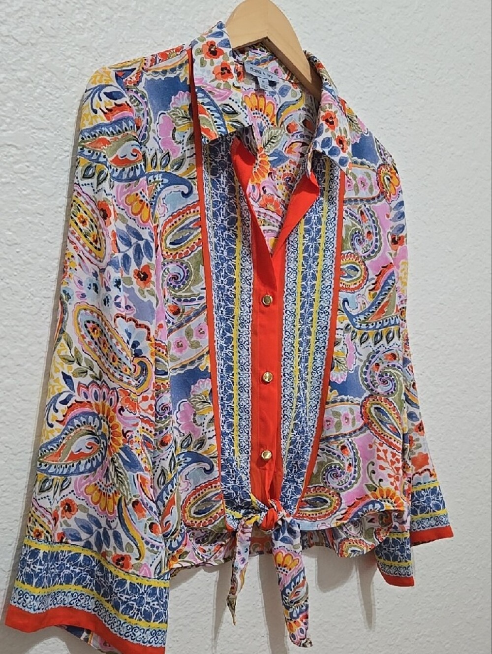 Floral And Ivy Boho Paisley Tie-Front Bell Sleeves Button Shirt - Orange Multi - Picture 4 of 12